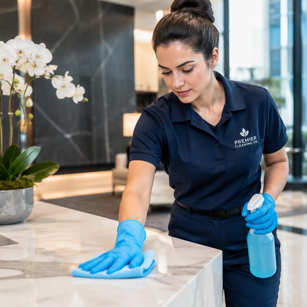 Cleaning professional polishing a lobby counter with attention to detail