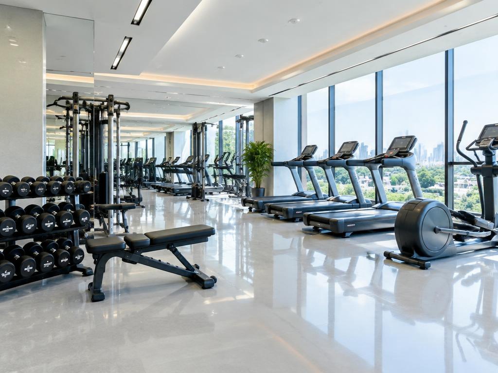 Spotless gym floor and fitness equipment